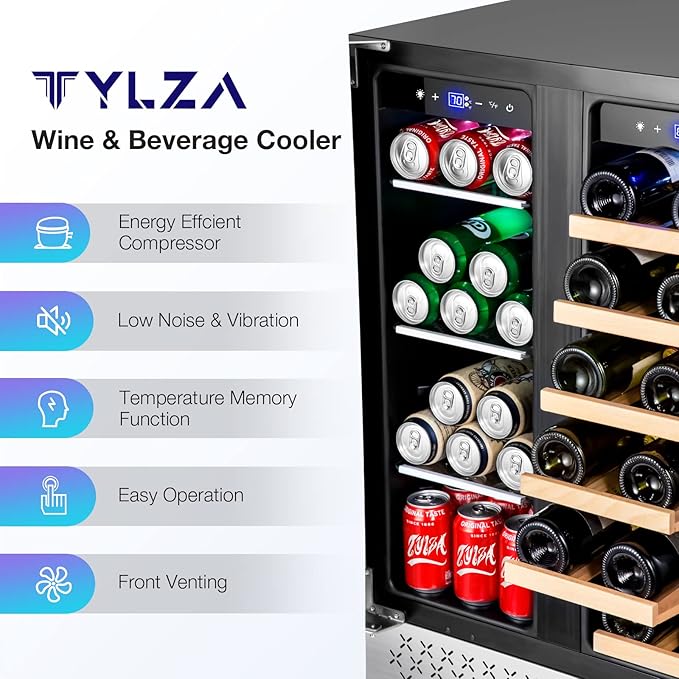 Tylza Wine and Beverage Refrigerator, 24 inch Dual Zone Wine Beverage Cooler Built-in and Freestanding, with Seamless Stainless Steel Door Quick Cooling Under Counter Beer Wine refrigerator
