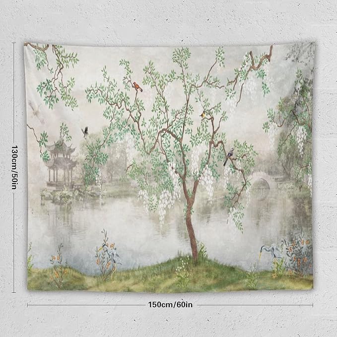 HZOHNAGO Japanese Tapestry Tree Misty Garden Lake Printed Wall Tapestry Ink Painting Wall Hanging for Bedroom Living Room Dorm 60" W x 50" H