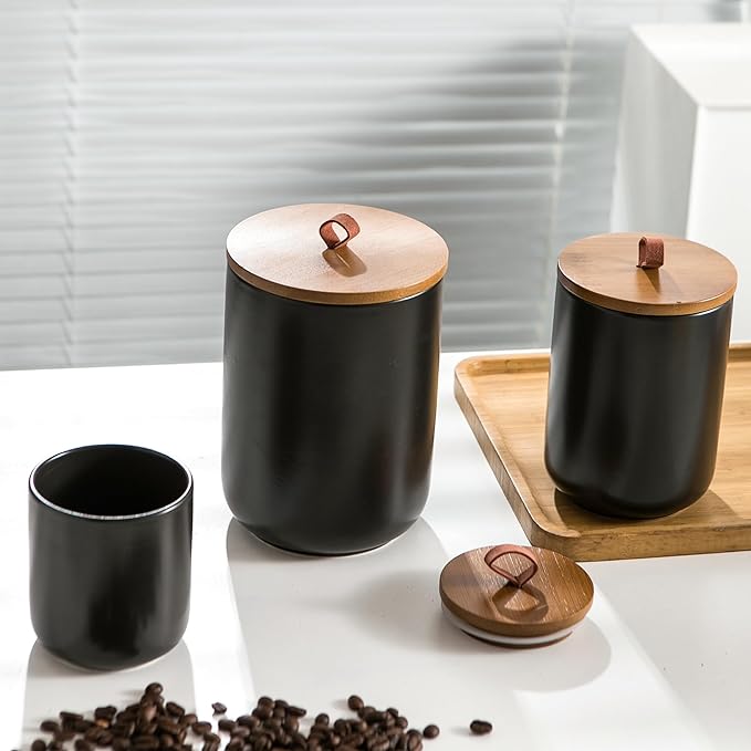Black Ceramic Canister Set with Wooden Lid, 3-Piece Food Storage Jars for Kitchen Counter, Storage Container for Coffee, Tea, Spice, Sugar, Grains, Salt