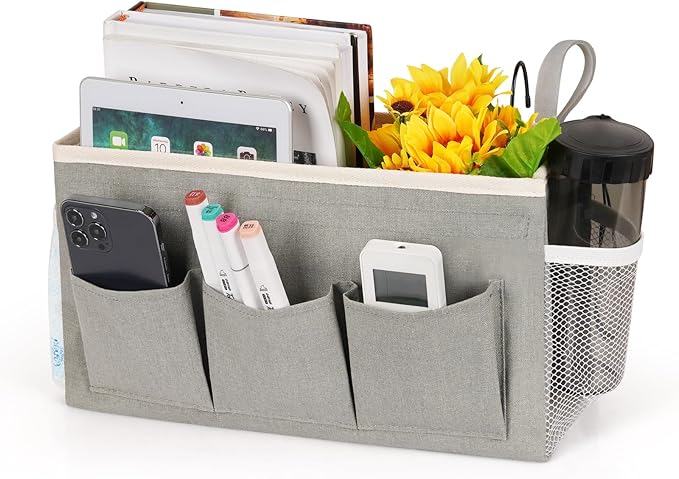 Bedside Storage Caddy/Bedside Hanging Storage Bag for Headboards Bunk Beds Dorm Rooms Book Phone Magazine Holder (New Grey)