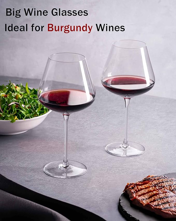 JBHO Hand Blown Italian Style Crystal Burgundy Wine Glasses - Lead-Free Premium Crystal Clear Glass - Set of 2-21 Ounce - Gift-Box for any Occasion