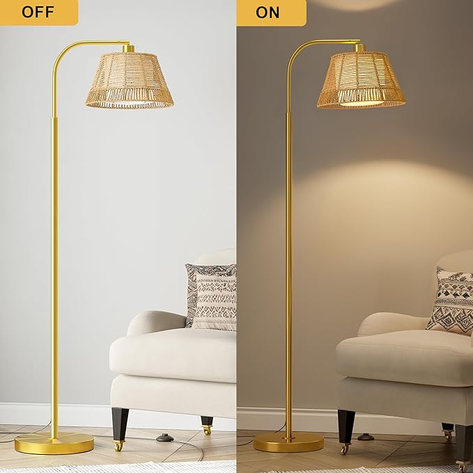 Oneach Arc Floor Lamp for Living Room,Rattan Boho Floor Lamp with Hand-Woven Wicker & Fabric Shade, Foot Switch,Gold Metal Base & Pole,Farmhouse Standing Lamp for Bedroom Corner,Office,Reading