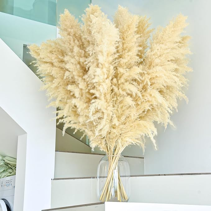 46" inch 11 Stems Natural Pampas Grass Tall Decor,Pompas Grass,Large Beige Tall Pampas Grass for Floor Vase,Wedding Decorations,Party,Boho Home Decor,and Creating a Boho Ambiance