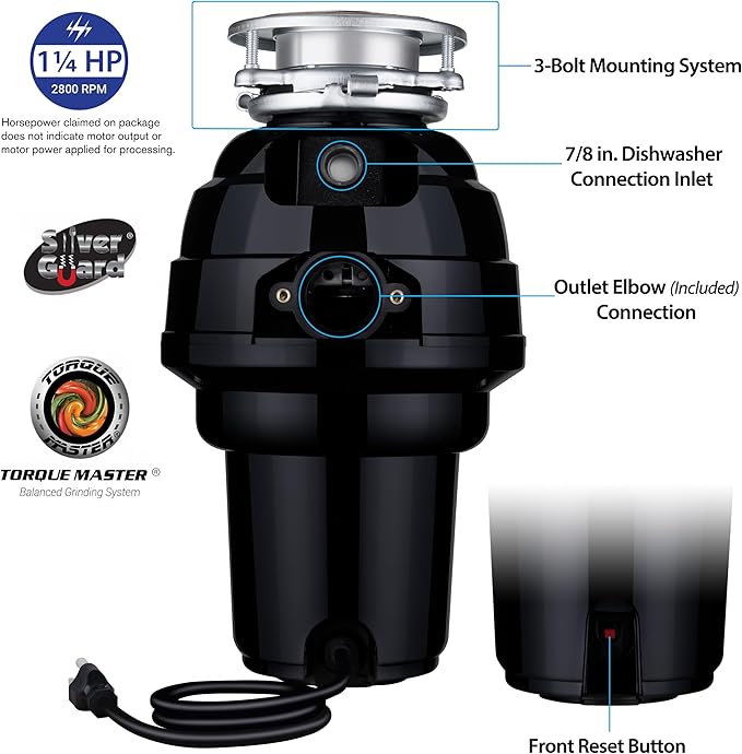 Waste Maid 10-US-WM-658-3B Garbage Disposal Anti-Jam Stainless Steel Food Waste Grinding System, 1-1/4 HP Premium, Black