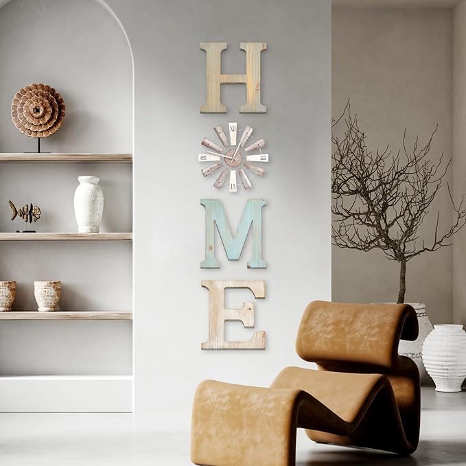 ZAZIWZ Farmhouse Home Signs with Windmill Clock Wall Decor Rustic Home Letters Wall Art for Living Room Kitchen Entryway Dining Room Bedroom (mix color)
