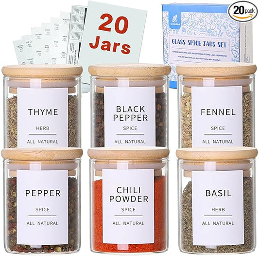 Glass Spice Jars with Bamboo Lids - 20 Pcs Thicken(2.4mm) 6oz Airtight Seasoning Containers with 131 Waterproof Minimalist Spice labels Preprinted - Small herb Jars for Pantry Organization and Storage