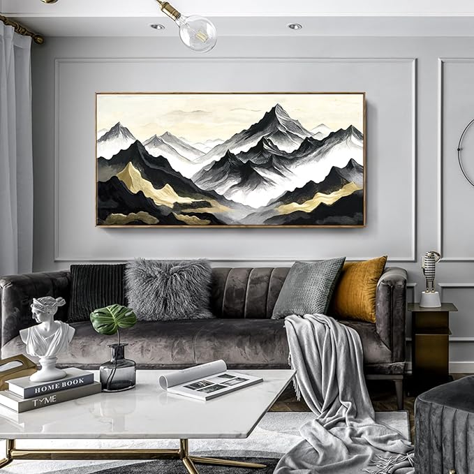 amatop Framed Extra Large Wall Art for Office Abstract Mountain Motivational Canvas Print Black and White Landscape Picture Zen Nature Giant Artwork for Contemporary Living Room Bedroom Decor 58x29 Inch
