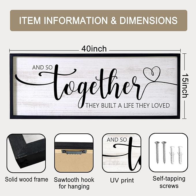 And So Together They Built A Life They Loved Decorative Rustic Sign & Plaque Framed Wall Art for Couples, 40''×15' Vintage 'Wooden Long Wall Decor Above Bed, Horizontal Farmhouse Wedding Gift