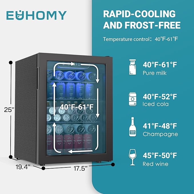 EUHOMY 100 Can Beverage Refrigerator cooler-Mini Fridge Glass Door for Beer Drinks Wines, Freestanding Beverage Fridge with Adjustable Shelves Blue LED for Home/Office/Dorm/Bar, 2.7 cu.ft