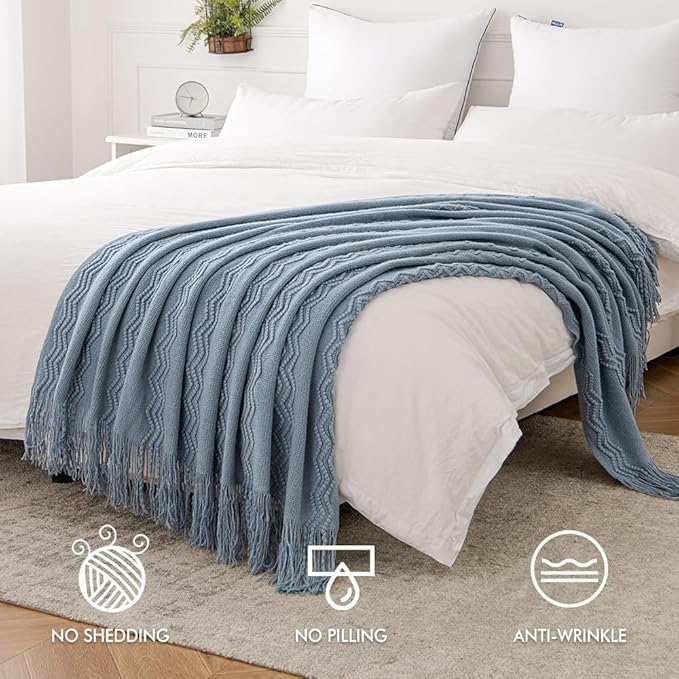 MIULEE Dusty Blue Cozy Knitted Throw Blanket for Couch Textured Knit Blanket with Tassels Woven Acrylic Wave Pattern Boho Blankets for Sofa Bed Chair 50"x60"