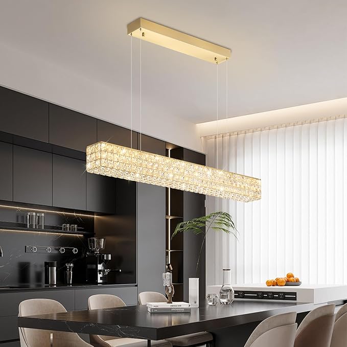Rectangle Crystal Chandelier Modern Gold Crystal Chandelier Rectangular Pendant Lighting Fixture for Dining Room Kitchen Island Bedroom (L 40")