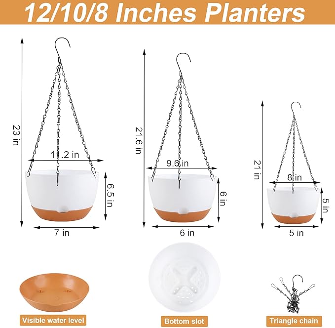 8/10/12 inch Hanging Planters for Indoor Outdoor Plants with Self-Watering Pots, 3 Pack Plastic Hanging Basket with Removable Tray for Home Garden Porch Balcony Patio Decor(White)
