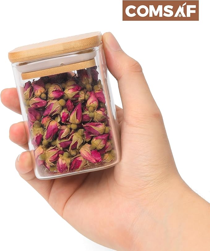 ComSaf 16Pcs Glass Spice Jars with Bamboo Lid, 6oz Airtight Square Containers with 275 Black Lables, Empty Seasoning Jars for Salt Sugar