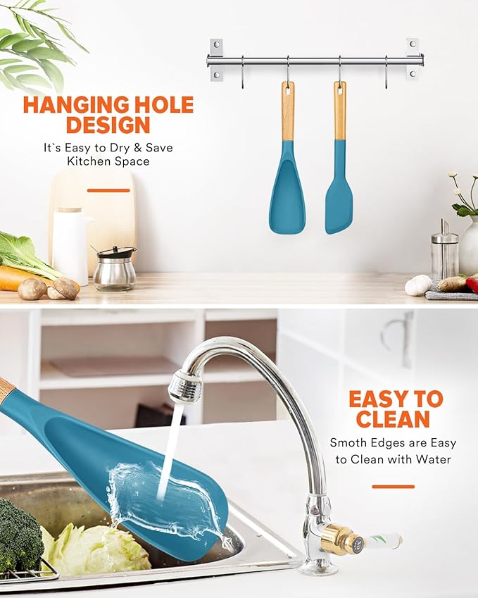 Cooking Spoon and Scraper for Nonstick Cookwares, Great for Cooking and Serving Durable BPA-Free Matte Silicone, Wood Handle Multifunction Spoon for Mixing, Scoop, and Scrape (BLUE)