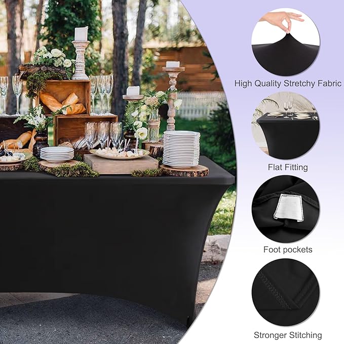 ABCCANOPY 4 Pack 4 FT Black Spandex Table Cover Stretch Fitted Wrinkle Resistant Tablecloth Reuse for Rectangular Folding Table Patry Event Wedding Banquet Protector