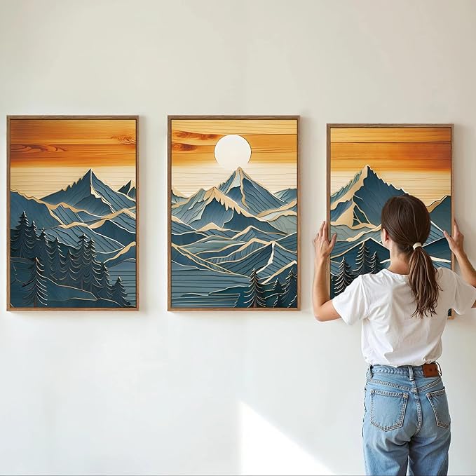Tinonedraw Metal Mountain Framed Canvas Wall Art, Boho Mountains Artworks, Mid Century Modern Blue Ridge Wall Decor, Vintage Nature Forest Sunset Art Print for Living Room Bedroom Office 24"x36"x3