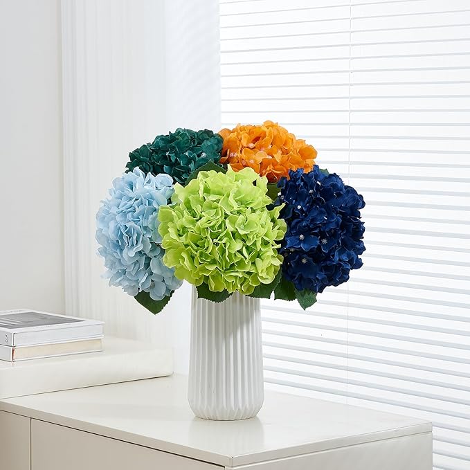 8Pcs Blue Fake Flowers Silk Hydrangea Artificial Flowers Bouquets Faux Hydrangea Stems for Home Table Centerpieces Wedding Party Decoration