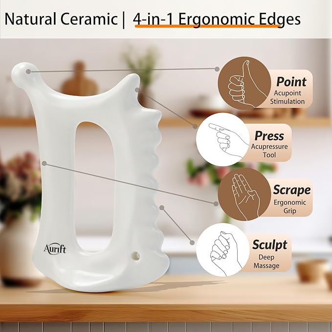 6-in-1 Ceramic Gua Sha Tool for Face & Body - Manual Facial Massage for Lymphatic Drainage, Jaw Lifting, Puffiness Care, Neck Massage for Stress Relief at Home, Self Care Gift for Mum Wife White
