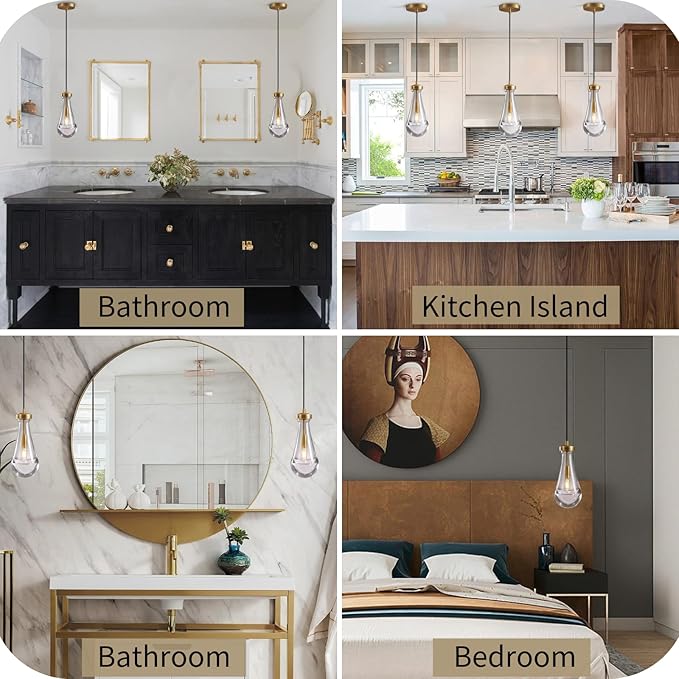 Raindrop Pendant Lights, Pendant Lights Kitchen Island, Brass Base Hanging Light Dining Room Light Fixture, Handblown Clear Kitchen Chandelier, Rope Pendant Lights for Living Room Hallway,E12 Bulb