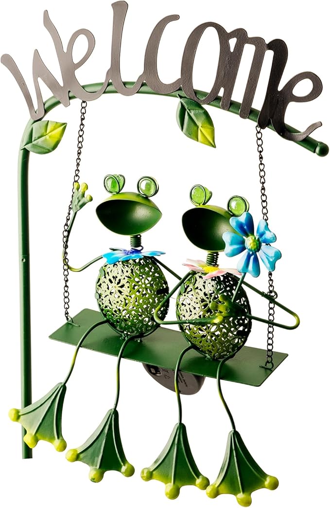 Frog Solar Light Garden Outdoor Decoration Swing Metal Stake Lamp with Welcome Sign Waterproof Patio Yard Decor Gifts-48 inch