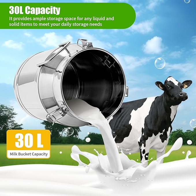 Stainless Steel Milk Can, 30L/7.9 Gallon Heavy Duty Airtight Storage Canister Milk Bucket with Lid, Embedded Silicone Milk Jug Wine Pail Water Cereals Bucket with Three Latches and Two Handles