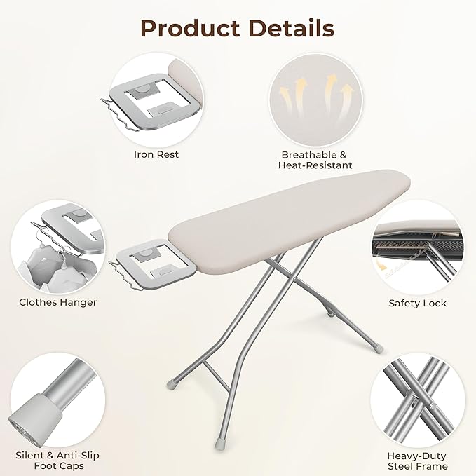 Yaheetech Foldable Ironing Board, Heavy Duty Iron Board with 9 Adjustable Heights, 4 Layer Cover and Safety Iron Rest, 52X14 Compact and Space Save Iron Board for Home Laundry Room Use, Beige