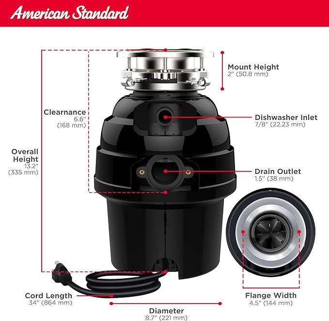 American Standard 10-US-AS-5-HD Garbage Disposal Anti-Jam Stainless Steel Food Waste Grinding System, Heavy Duty, 1/2 HP, Black