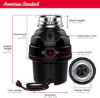 American Standard 10-US-AS-5-HD Garbage Disposal Anti-Jam Stainless Steel Food Waste Grinding System, Heavy Duty, 1/2 HP, Black