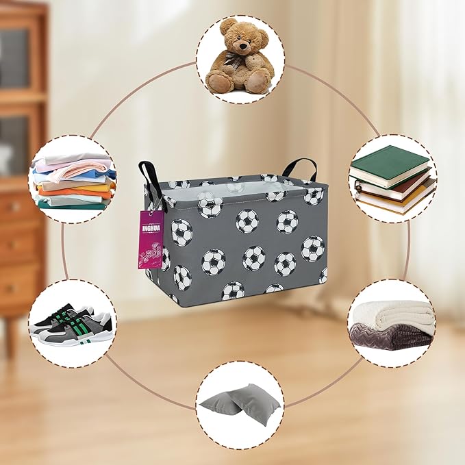 Rectangular Storage Basket Fabric Organizer Bin for Toys,Books,Clothes,Gifts,Pets-Perfect for Home,Office,Nursery,Dorm,Shelf(Rec-grey football )
