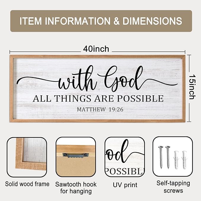 With God All Things are Possible Framed Wall Art, 40''×15'' Natural Religious Rustic Bible Verse for Christian God Jesus Christ Prayer, Holy Positive Horizontal Inspirational Catholic Scripture Decor