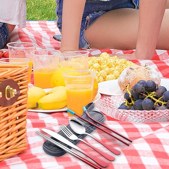 Travel Utensils Set with Case Reusable Portable Cutlery Set Stainless Steel 8pcs Including Dinner Knife Fork Spoon Chopsticks straws (Gradient Red)