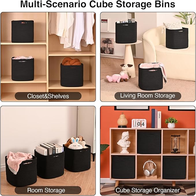 11 Inch Cube Storage Bins, Storage Cube Organizer Bins, Woven Cotton Rope Basket for Storage, Storage Baskets for Organizing Shelves, Square Baskets for Toys, Black (Pack of 3)