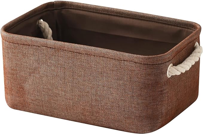 TheWarmHome Small Fabric Canvas Storage Bin with Cotton Rope Handles - Foldable Empty Basket for Gift (Brown-1 Pack,11.8L7.9W5.2H inch)