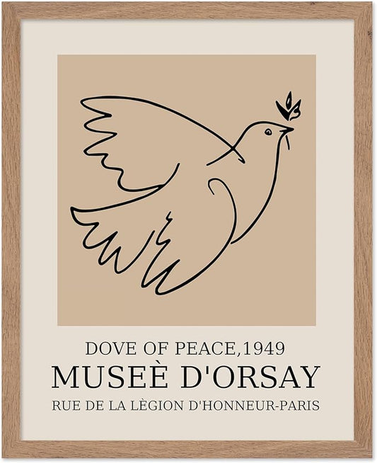 Poster Master Vintage Poster - Retro Minimalist Print - Gift for Artist, Friend - Dove Of Peace, Line Drawing, Sketch, Abstract - Wall Decor for Living Room, Bedroom, 11x14 Beige Framed
