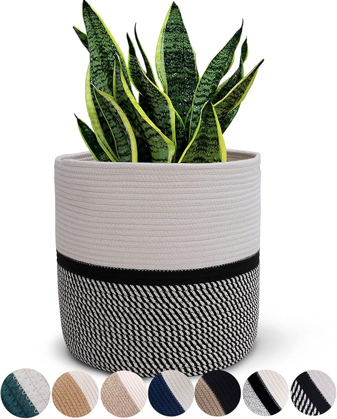 Cotton Rope Plant Basket Modern Woven Basket for 10" Flower Pot Floor Indoor Planters,Storage Organizer Toys Rustic Home Decor,Beige 11"x 11"