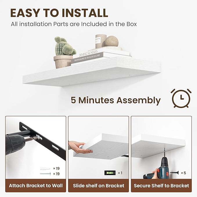 36 Inch Floating Shelves, 12 Inch Deep Floating Shelves for Wall, Floating Shelf with Invisible Brackets, Large Deep Wall Shelves for Bathroom, Bedroom, Living Room, 2 Pack, White