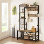 BON AUGURE Farmhouse Hall Tree for Entryway, Mudroom Bench with Shoe Storage, Large Coat Rack Shoe Bench with 5 Tier Open Shelves, Adjustable Side Hooks and Hanging Rod for Foyer (Vintage Oak)