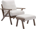Mid Century Modern Accent Chair with Ottoman, Farmhouse Linen Upholstered Living Room Armchair and Ottoman Set, 23" Seat Wide Retro Leisure Lounge Chair with Wood Frame for Home, Bedroom, White