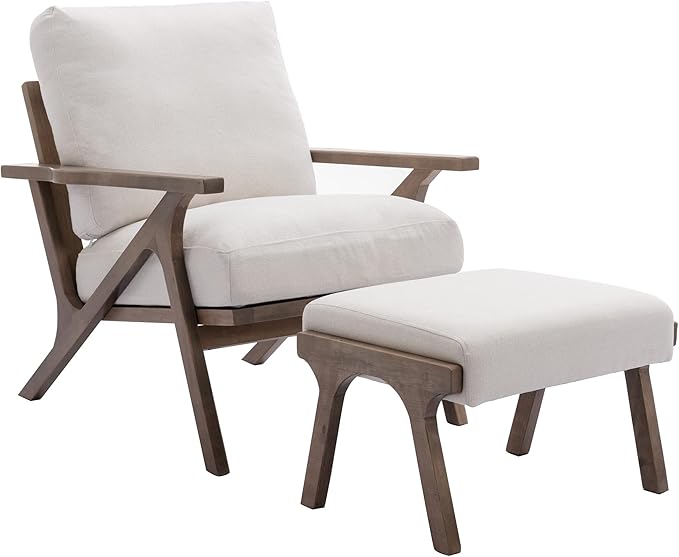 Mid Century Modern Accent Chair with Ottoman, Farmhouse Linen Upholstered Living Room Armchair and Ottoman Set, 23" Seat Wide Retro Leisure Lounge Chair with Wood Frame for Home, Bedroom, White