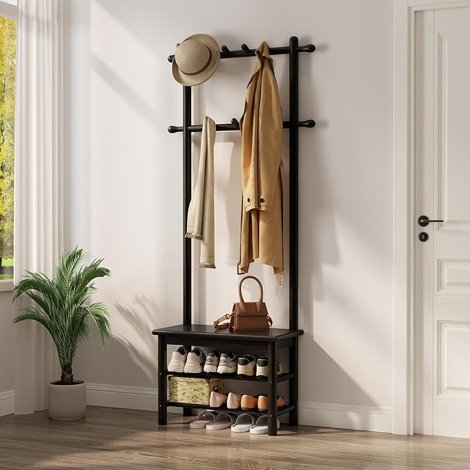 Coat Rack with Shoe Storage, Narrow Wooden Hall Tree with Bench, 11 Hooks and 2-Tier Storage Shelves, 3-in-1, Entryway Bench with Coat Rack (23.6"-Black)