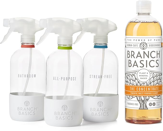Branch Basics Cleaning Essentials Kit in Glass: All Purpose Cleaner and Bathroom Cleaner - Concentrate (33.8 Oz) + Glass Spray Bottles for Cleaning (16 Oz) Fragrance-Free