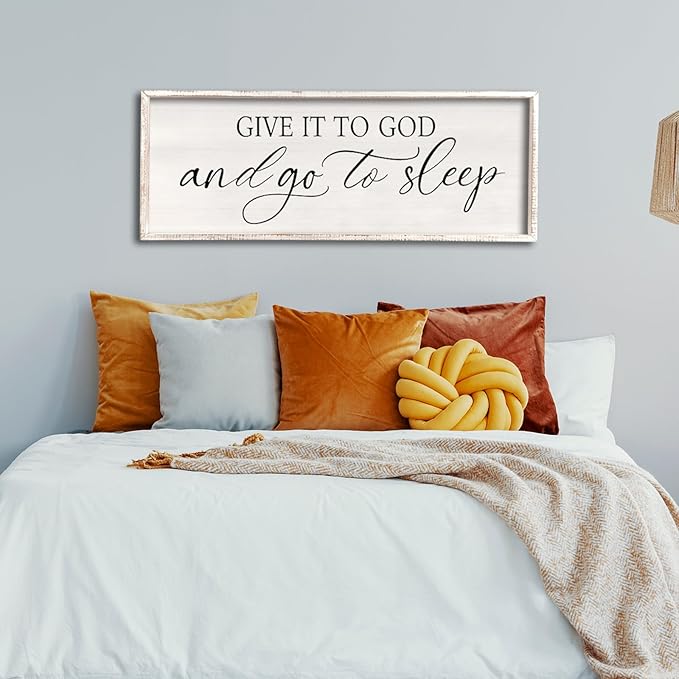 comurdyo Give It To God And Go to Sleep Sign 40''×15'' Master Bedroom Above Bed Wall Decor Wood Framed Couple Large Farmhouse Guest Room Rustic Simple Over Bedside Wall Art Hanging Decor (White)