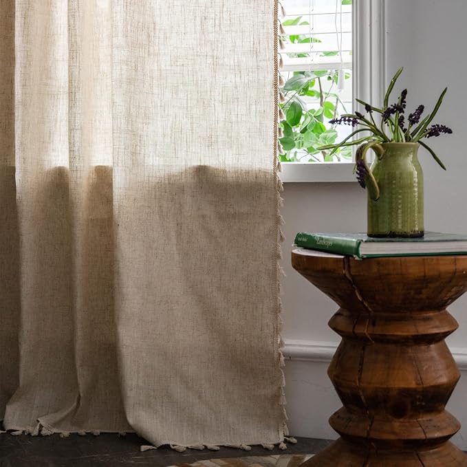 Sutuo Home Boho Curtains Natural Linen Look Textured Burlap for Bedroom, Rod Pocket Chic Semi Blackout Bohemian Handmade Tassels Window Treatment for Living Room, 1 Panel 59" W x 84" L