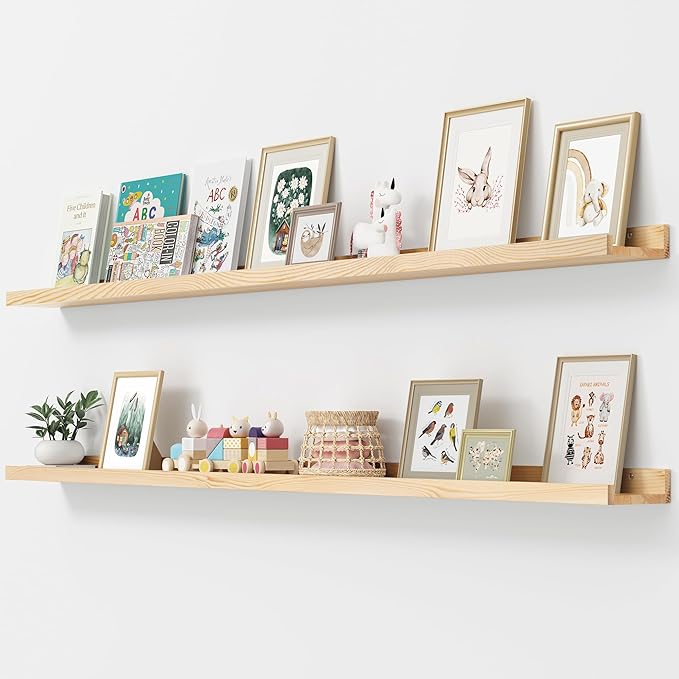 Picture Ledge Shelf, Floating Shelves Set of 2, Solid Pine Wood 72'' Long Large Nursery Book Shelves for Toys Storage, Kids Bookshelf for Living Room Bedroom Decor Books Photo Frames, Natural