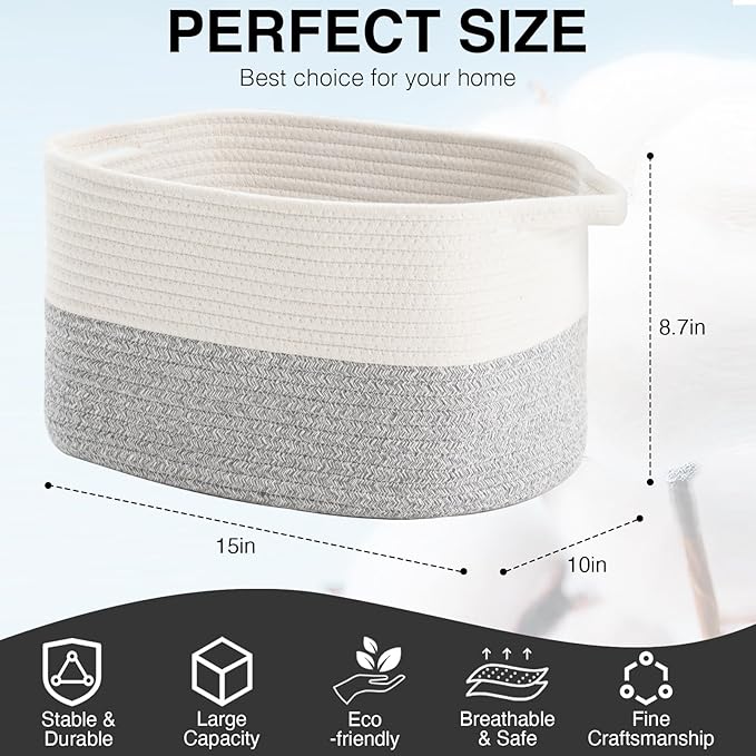 Cotton Rope Woven Storage Basket, Used for Baby Hamper Toy Organizer, Gift Baskets Empty,Kids Laundry Basket,Baby Blanket Basket. Size 15x10x8.7 Inches. (White&Grey-3PCS)