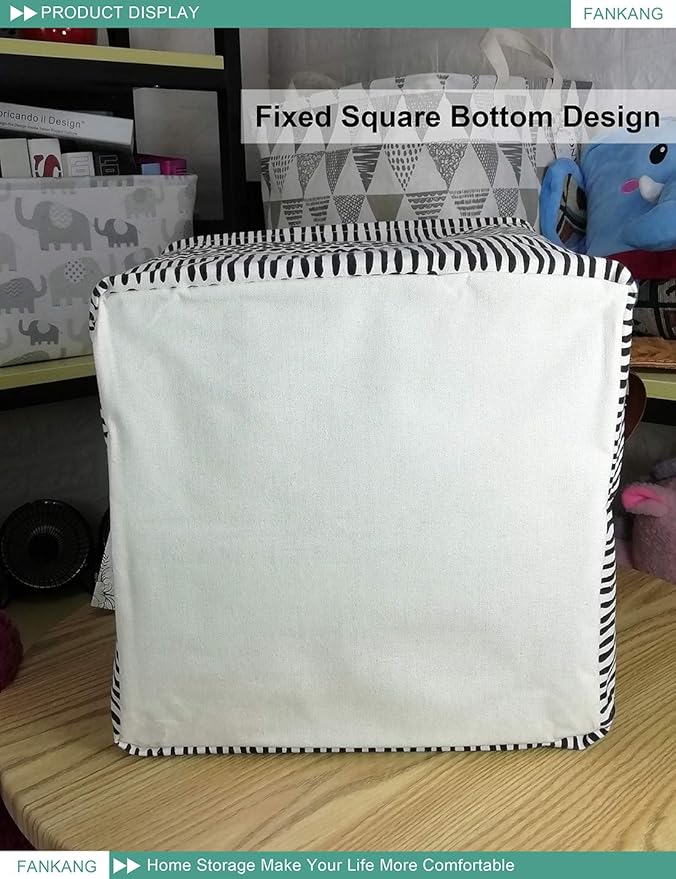 FANKANG Square Nursery Hamper Storage Bins Canvas Laundry Basket Foldable with Waterproof PE Coating Storage Baskets Gift Baskets for Children, Office, Bedroom, Clothes（Square-Black Lines ）