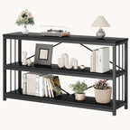 LVB Black Console Table, Modern Entryway Table for Hallway Living Room, Industrial Sofa Table Behind Couch, Farmhouse Wooden Metal Entry Table for Foyer with 3-Tier Storage Shelves, Black Oak, 55 Inch