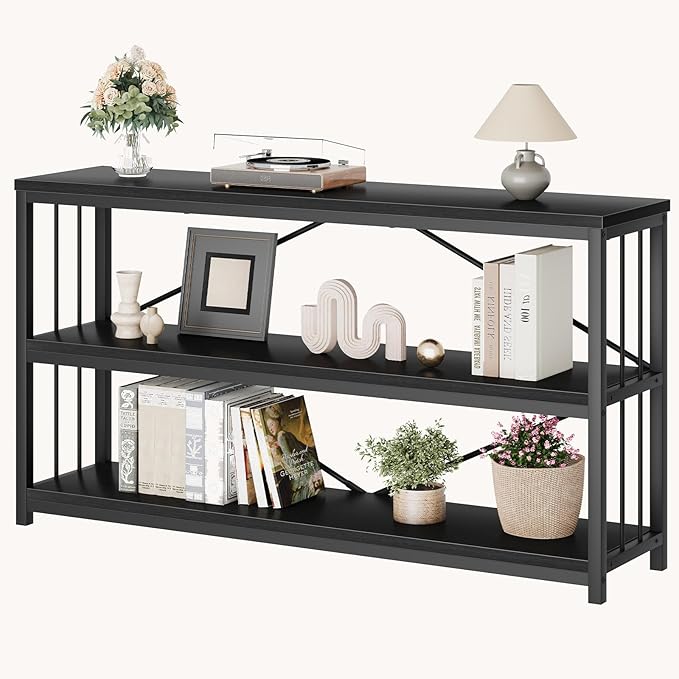 LVB Black Console Table, Modern Entryway Table for Hallway Living Room, Industrial Sofa Table Behind Couch, Farmhouse Wooden Metal Entry Table for Foyer with 3-Tier Storage Shelves, Black Oak, 55 Inch