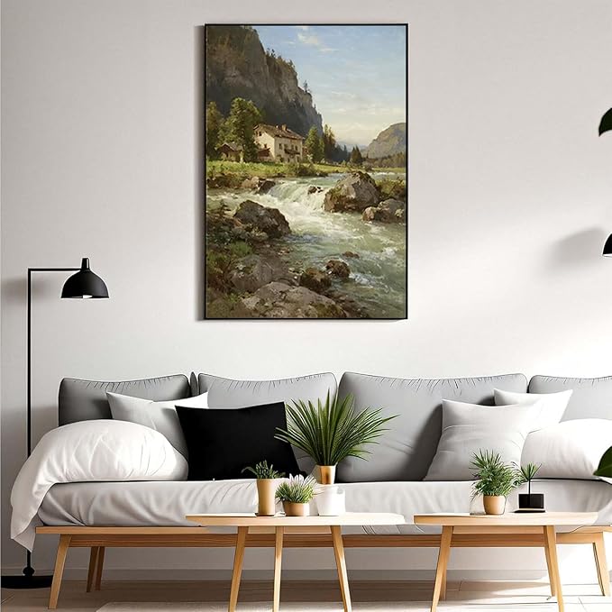 Vintage landscape rural scenery poster art farmhouse cottage wall decor living room kitchen quiet country stream suitable for bedroom bathroom