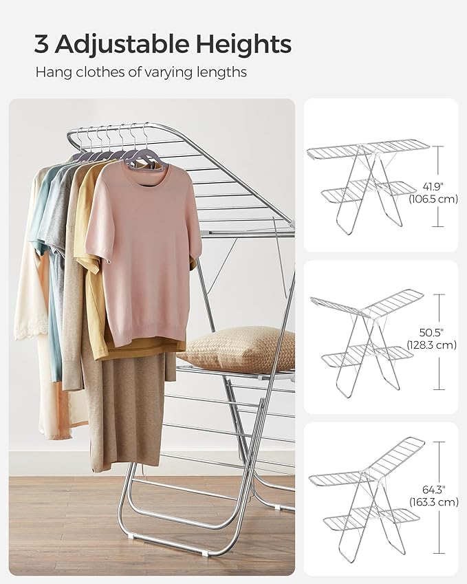 SONGMICS Clothes Drying Rack, Foldable 2-Level Laundry Drying Rack, Free-Standing Laundry Airer, with Height-Adjustable Wings, 33 Drying Rails, Sock Clips, Silver and White ULLR053W01V1